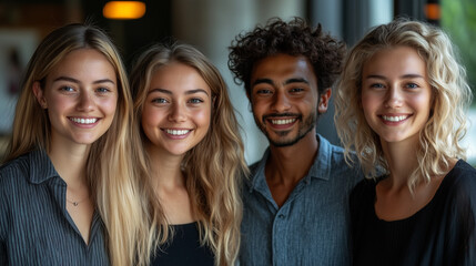 Fototapeta premium Diverse Multiracial Team in Office, Smiling Confident Individuals, Symbolizing Positivity and Unity