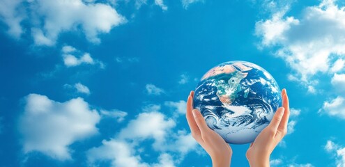 Holding the Earth Globe in Hands Against Blue Sky Background