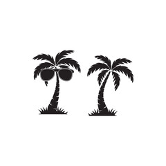 Fototapeta premium set of palm trees.Two palm trees wearing sunglasses, a summer vacation design.This image features two stylized palm trees, each with a pair of sunglasses on their trunks.