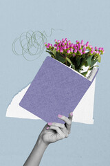 3D collage trend artwork composite sketch poster of hand hold open book story novel rose bouquet...