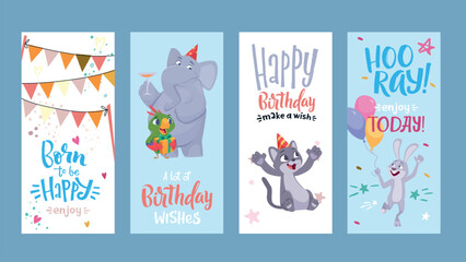 Birthday cards. print template cards with cartoon animals