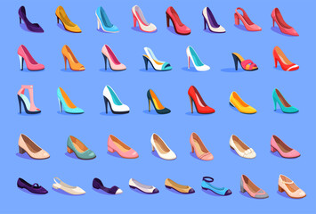 Obraz premium Set of womens shoes in various styles and colors on a blue background. Fashionable footwear collection, including high heels and flats. Vector illustration