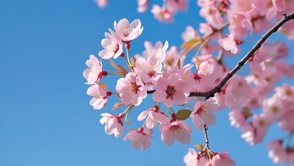 pink cherry blossom is highlighted against a backdrop of a clear blue sky background