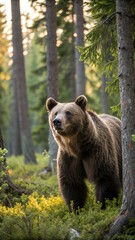 Fototapeta premium A Mighty Brown Bear Roaming Through the Dense Forest, Surrounded by Towering Trees and Soft Moonlight, Creating a Serene Yet Powerful Scene of Wilderness, Strength, and Untamed Natural Beauty