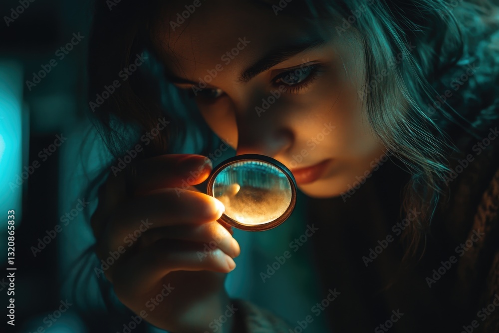 Poster a woman studying or inspecting something using a magnifying glass, possibly for scientific or detect