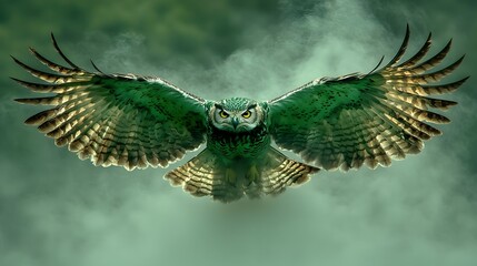 Fototapeta premium Majestic Green Owl in Flight with Spread Wings and Intense Gaze