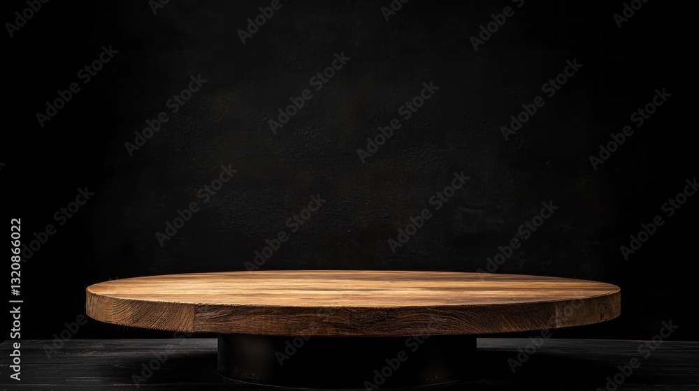 Poster A beautifully crafted wooden display table rests on a minimalistic dark surface, creating an elegant backdrop perfect for showcasing culinary creations or artistic endeavors