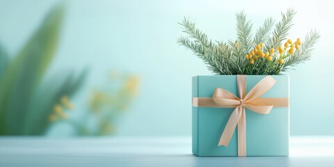 Mother's Day Unique gift ideas. Soft Blue Gift Box with Bow and Greenery on a Light Background