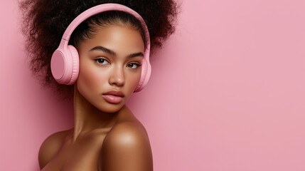 Beautiful young woman with a pink headphones placed on a smooth pink background. Copyspace for text.