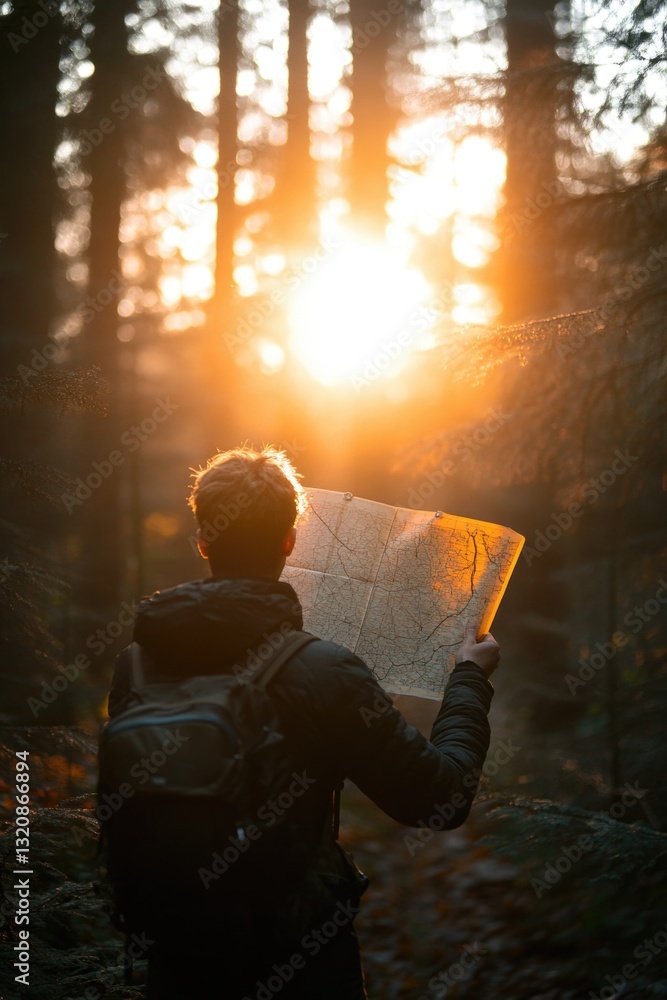 Aufkleber a person examining a map while carrying a backpack in a outdoor setting