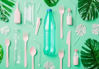 Obraz premium The image is a studio shot of a carefully arranged assortment of plastic products, such as forks, bottles, bags, and drinking straws