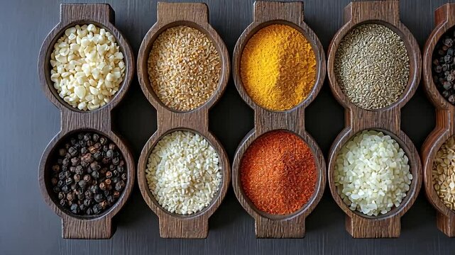 Colorful spices in wooden bowls arranged on a dark surface, highlighting culinary diversity