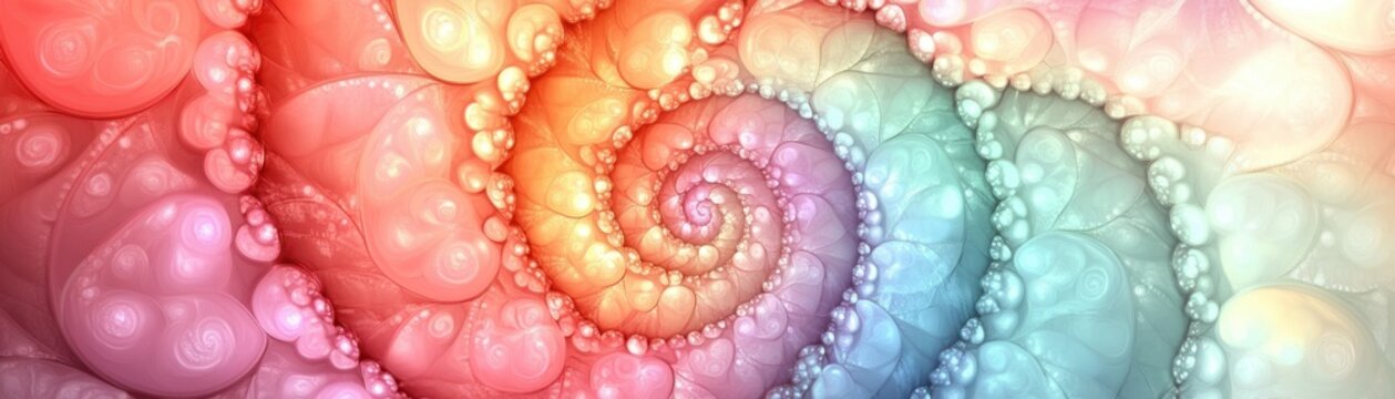 A colorful, swirling fractal pattern resembling a vibrant spiral shell with soft, gradient hues.