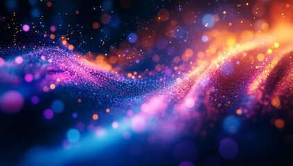 3D render of an abstract background with a glowing wave, neon dots, and glow lines on a dark blue background.