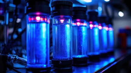 Laboratory glassware filled with vibrant blue liquid, illuminated by purple and blue LEDs