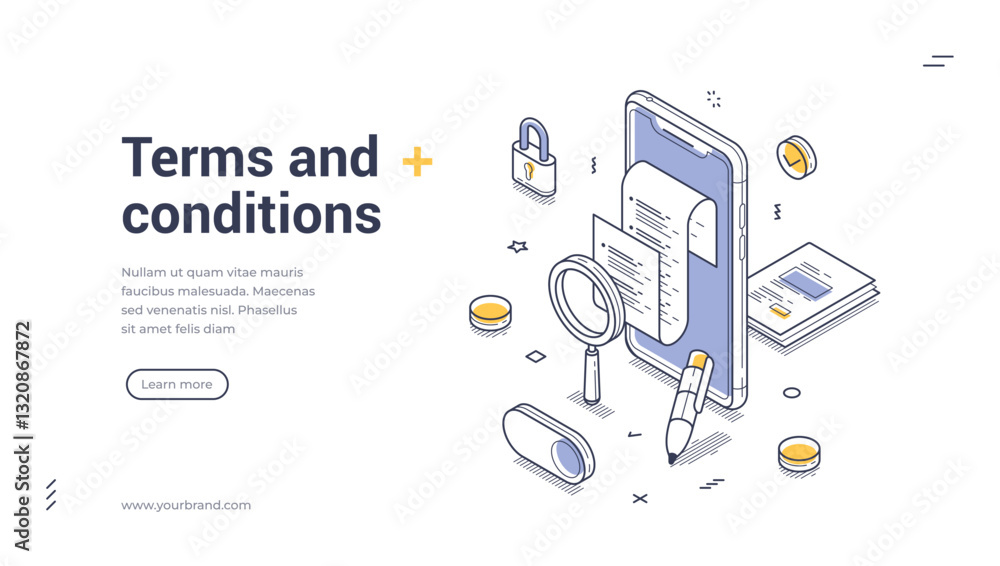 Poster web banner template showcases an isometric illustration related to terms and conditions. it features