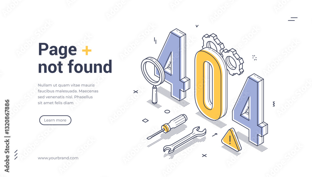 Poster an informative web banner template showcases a 404 error message in isometric style. it features too
