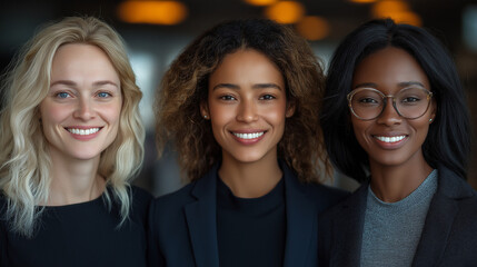 Fototapeta premium Diverse Multiracial Team in Office, Smiling Confident Individuals, Symbolizing Positivity and Unity