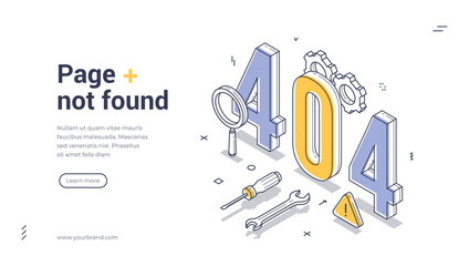 An informative web banner template showcases a 404 error message in isometric style. It features tools and symbols, visually indicating a page not found situation for users online. Vector illustration