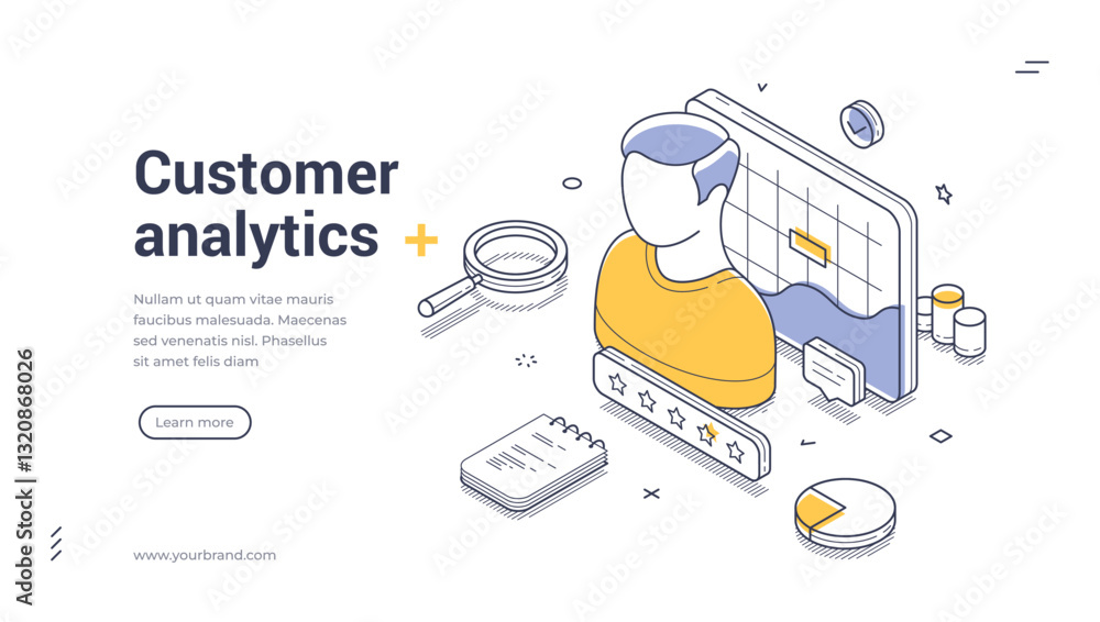 Aufkleber web banner template showcases customer analytics with an isometric illustration. it features a chara