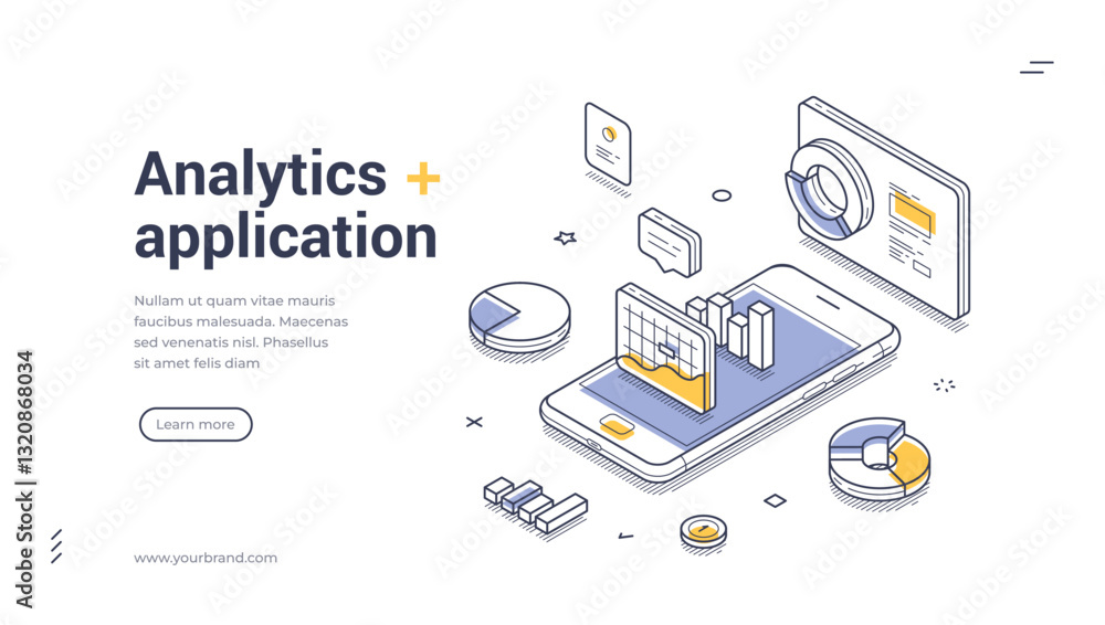 Poster web banner template features an isometric design showcasing an analytics application. it includes vi