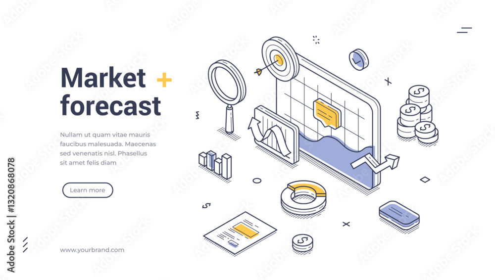 Poster web banner template showcases a market forecast theme with isometric design elements. it includes gr