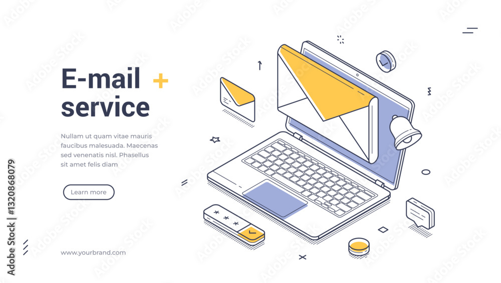 Poster web banner template features an isometric design showcasing a laptop with an open email envelope. va