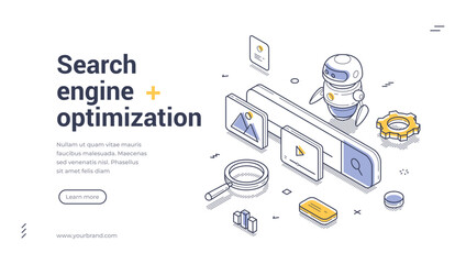 Visually appealing web banner template focusing on search engine optimization. It features elements like graphs, tools, and a friendly robot. Perfect for digital marketing. Vector illustration