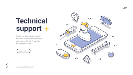 Web banner template showcases an isometric illustration focused on technical support. Featured are various tools surrounding a smartphone, emphasizing assistance with technology.