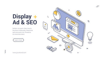 Creative web banner template designed for display ads and SEO. It showcases an isometric view with various vector elements like charts, images, and buttons, enhancing digital marketing strategies.
