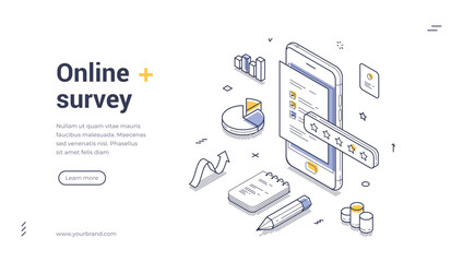 Web banner features isometric design focused on online surveys. It showcases a mobile device displaying survey elements, charts, and notes, perfect for inviting user participation. Vector illustration