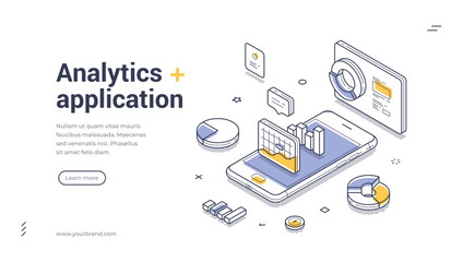 Web banner template features an isometric design showcasing an analytics application. It includes vibrant charts and graphs on a smartphone, emphasizing data visualization for businesses.