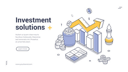 Web banner template showcases investment solutions through isometric illustrations. It features graphs, coins, and a calculator, promoting financial growth and strategic planning. Vector illustration © provectors