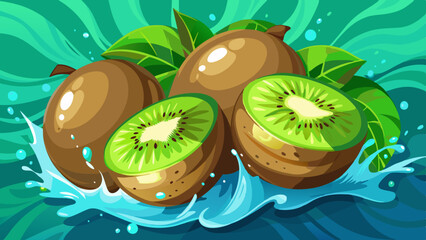 Kiwi Splash: A refreshing image of ripe kiwis with a vibrant green interior and a fuzzy brown exterior, captured in a splash of water. The image is perfect for food, health and wellness 
