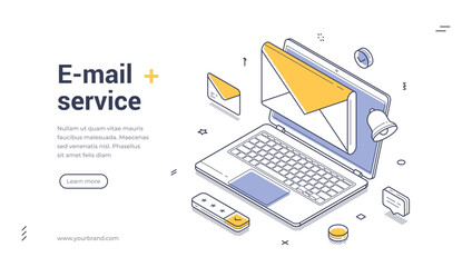 Web banner template features an isometric design showcasing a laptop with an open email envelope. Various icons related to email services are illustrated, enhancing visual appeal.