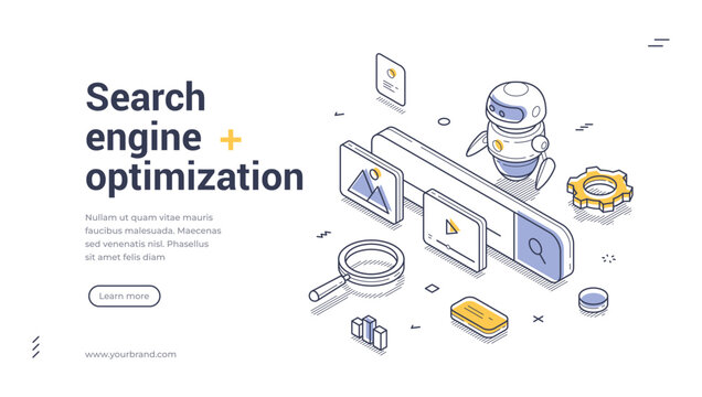 Visually appealing web banner template focusing on search engine optimization. It features elements like graphs, tools, and a friendly robot. Perfect for digital marketing. Vector illustration