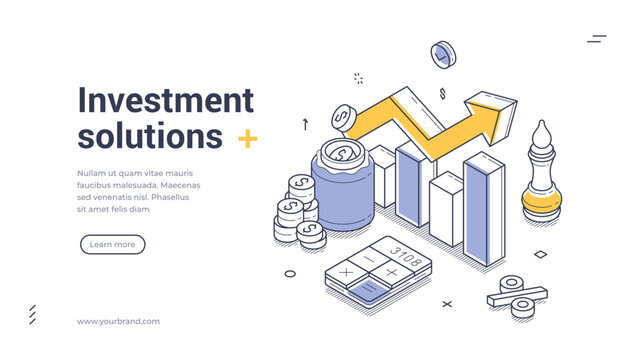 Web banner template showcases investment solutions through isometric illustrations. It features graphs, coins, and a calculator, promoting financial growth and strategic planning. Vector illustration