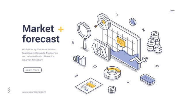 Web banner template showcases a market forecast theme with isometric design elements. It includes graphs, charts, and financial symbols, ideal for business presentations or marketing materials.