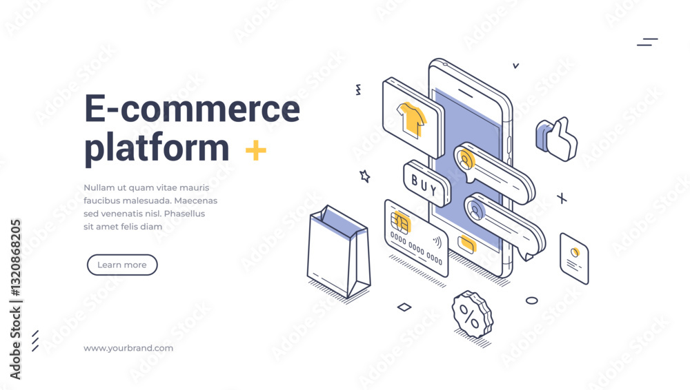 Poster web banner template features an isometric design ideal for e-commerce platforms. it includes element