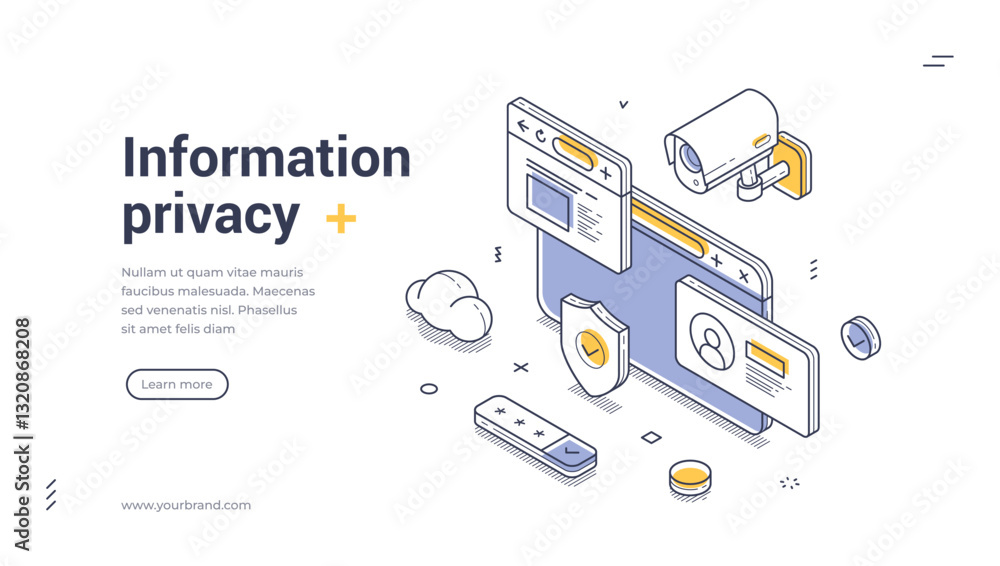 Poster web banner template features an isometric illustration focused on information privacy. it includes e