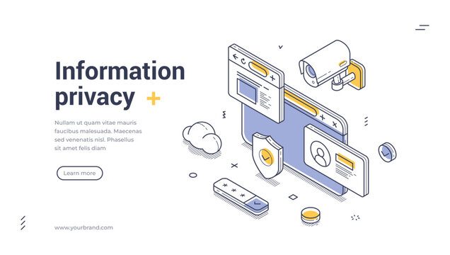 Web banner template features an isometric illustration focused on information privacy. It includes elements like shields, web pages, and locks, emphasizing digital security and privacy awareness