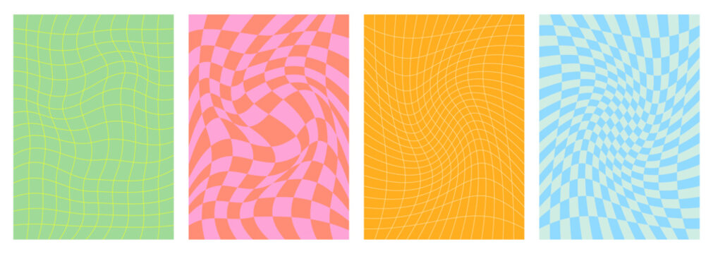 Groovy psychedelic backgrounds with abstract checkered pattern of optical illusion. Vector groovy psychedelic color checkered wavy pattern backgrounds