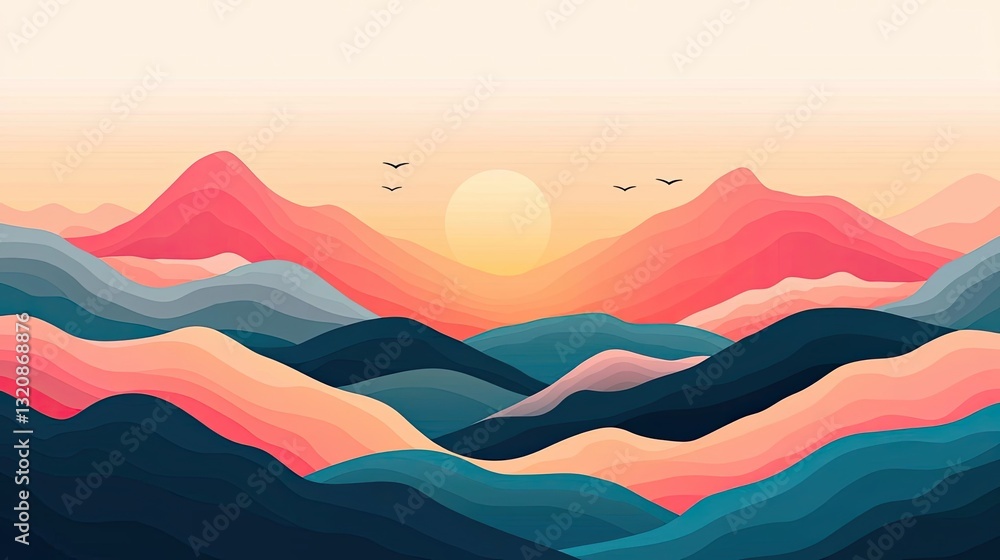 Poster abstract landscape background idea. serene landscape of colorful mountains at sunset with soft paste