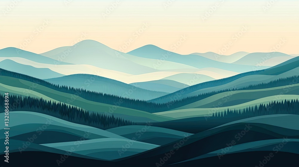 Poster abstract landscape background idea. serene mountains with layered hills and soft colors, evoking pea