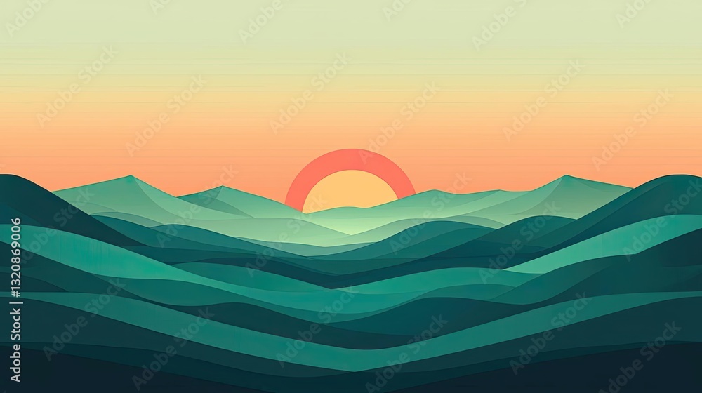 Poster abstract landscape background idea. a serene sunset over rolling hills in soft green and peach tones
