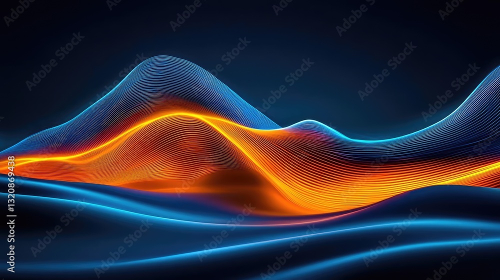 Poster Minimalist graphic design abstract background concept. Abstract waves of vibrant colors creating a mesmerizing digital landscape.