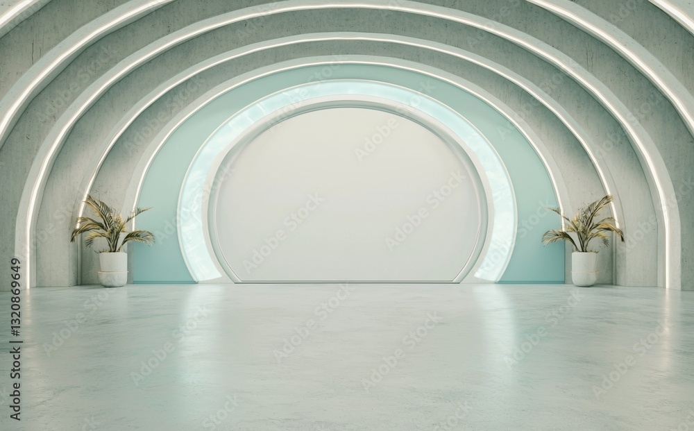 Poster the image presents a modern backdrop and an empty stage, symbolizing a future interior concept with 