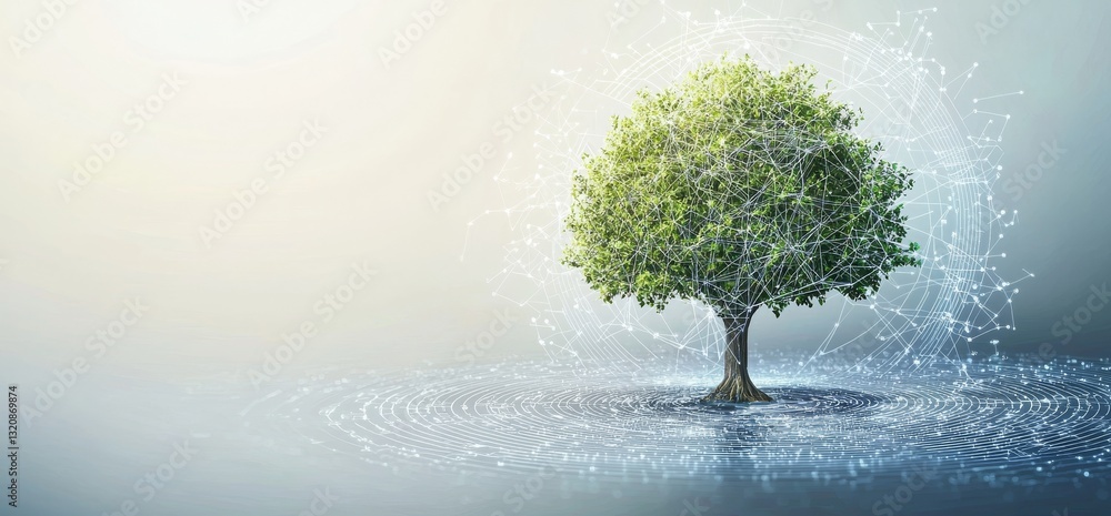 Poster the futuristic digital environment highlights a tree that includes a technology interface