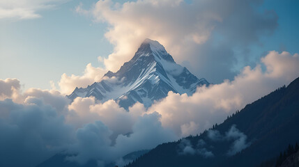 Majestic mountain peak emerging through fluffy clouds