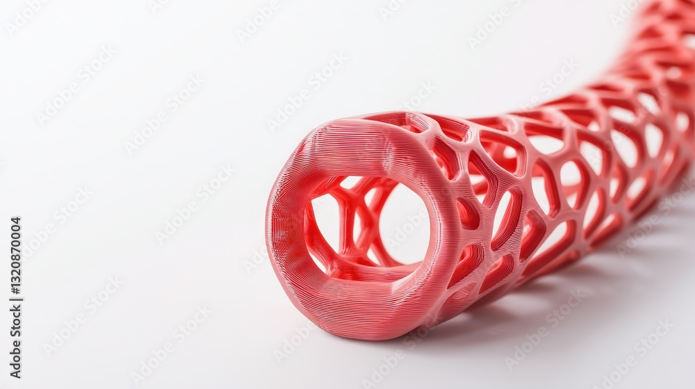 Aufkleber material science biomaterials concept. 3d-printed red object with a hollow, intricate design on a wh